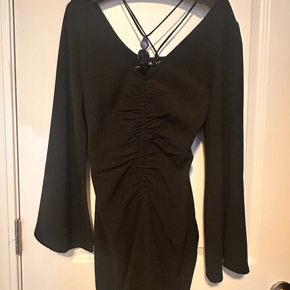 Zara Black Long Sleeve Dress with Ruched Detail